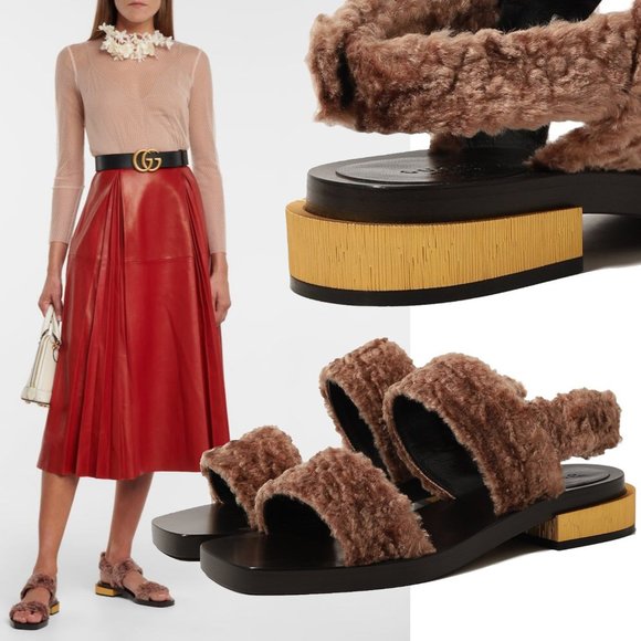 GUCCI SHOES RE-EDITION FAUX FUR MAUVE VELVET SANDALS - Picture 1 of 16